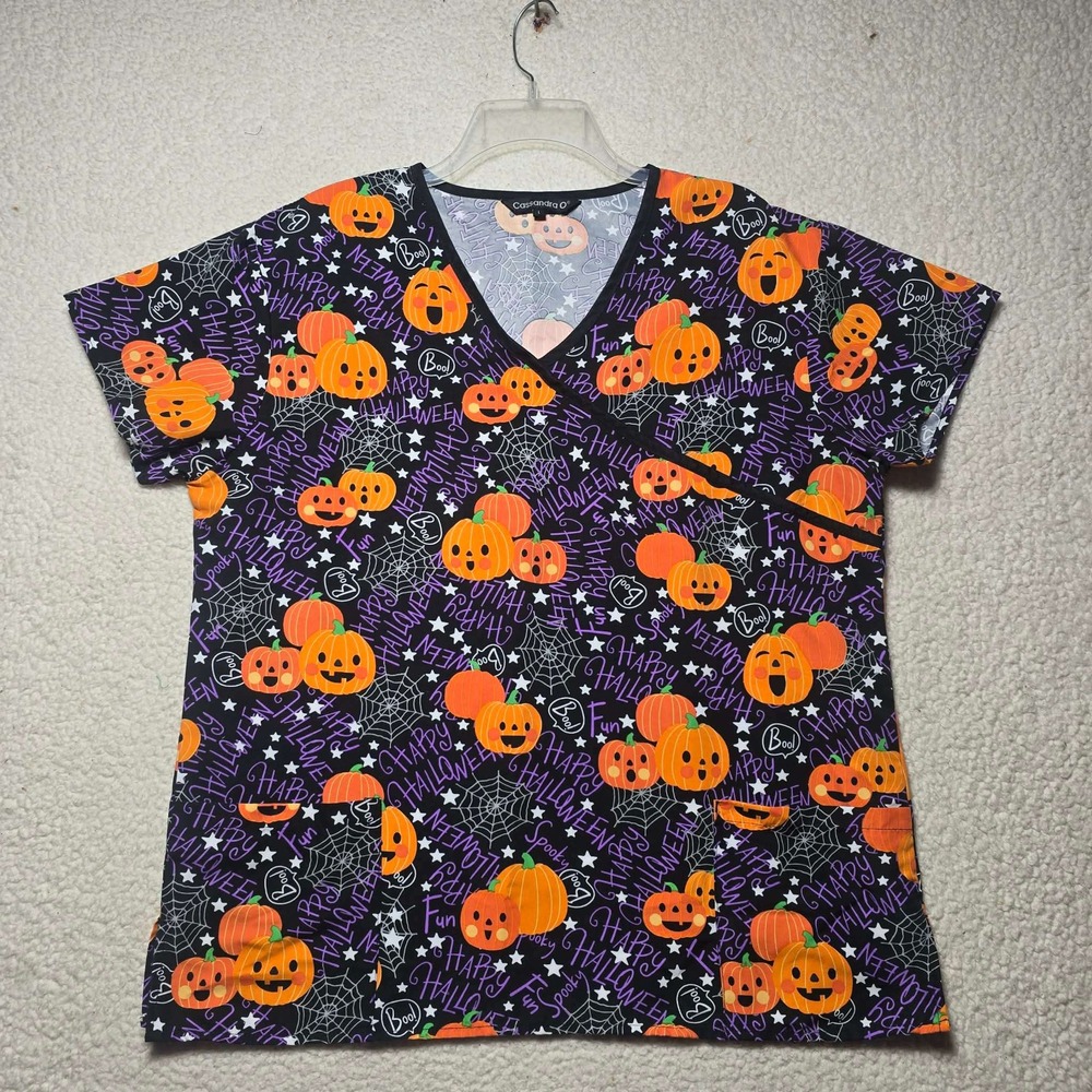 Cassandra O Halloween Scrub Top Large Mock Wrap Pumpkins Spiderwebs HN-5100-C